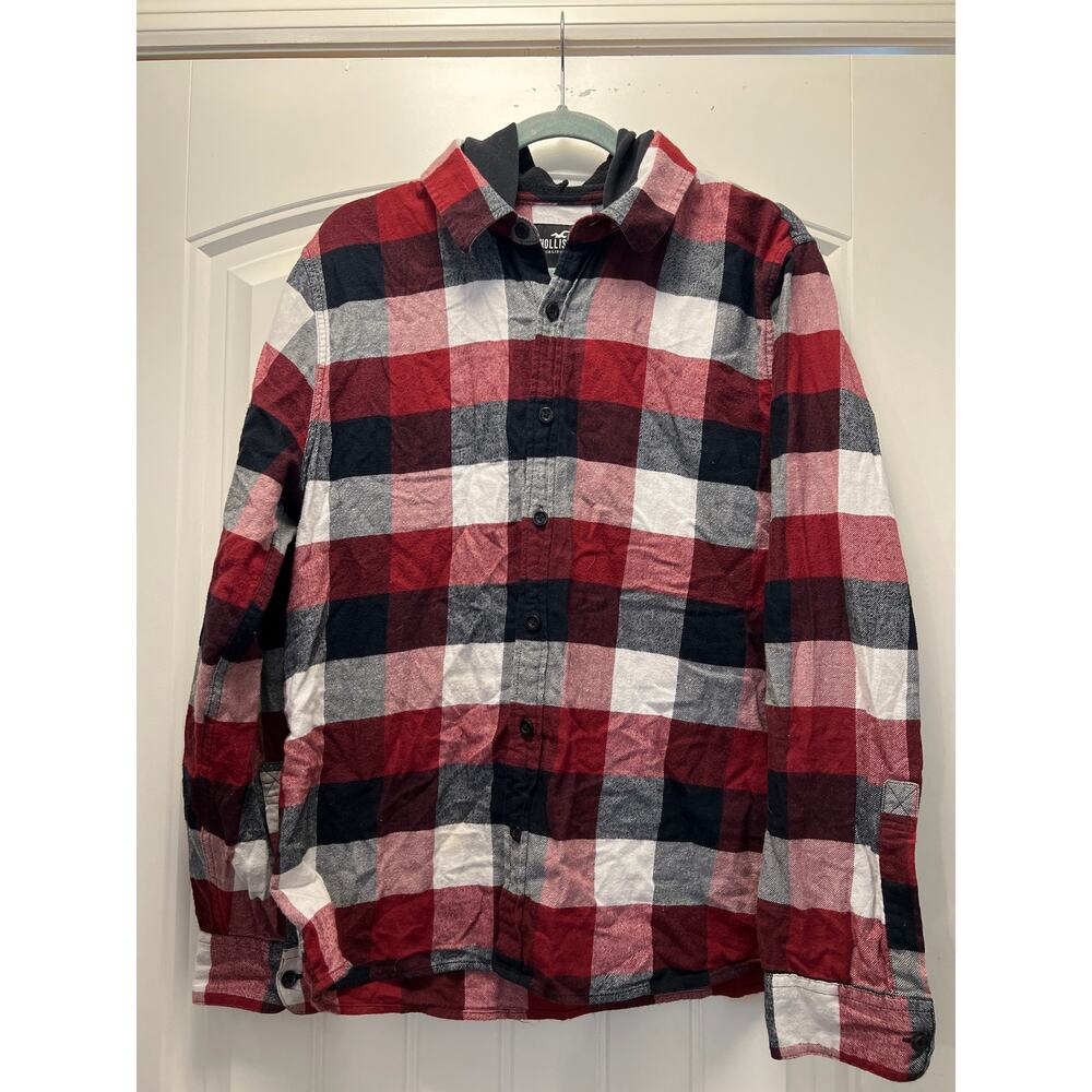 Hollister Men’s‎ Relaxed Flannel Button Down Check Hoodie Shirt Size M Red Black